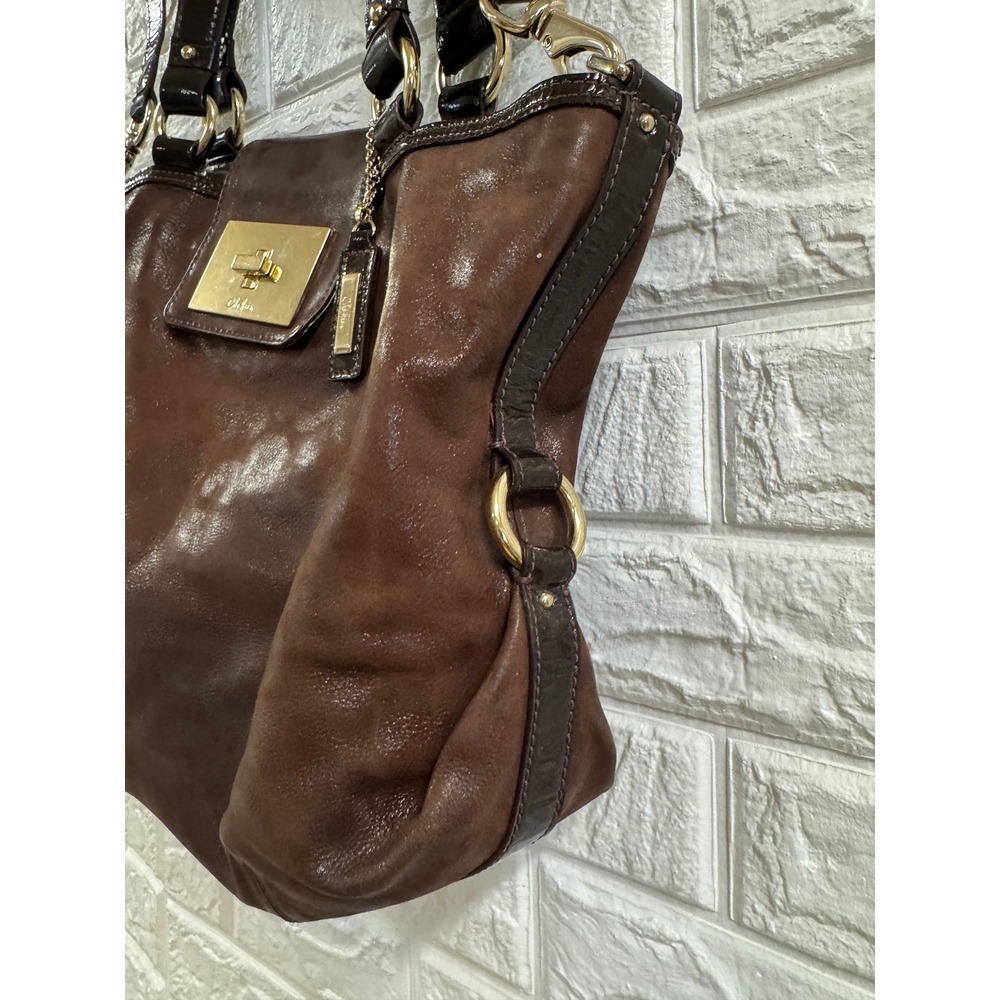 Cole Haan Brown Leather Hobo Bag Patent Trim Crossbody Shoulder Handbag GoldTone - Picture 3 of 8